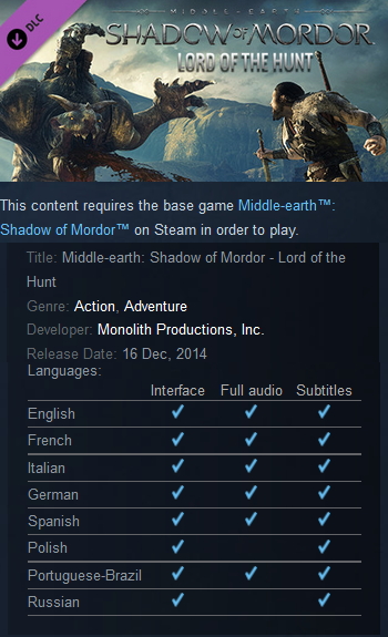 Middle-earth: Shadow of Mordor - Lord of the Hunt Steam - Click Image to Close